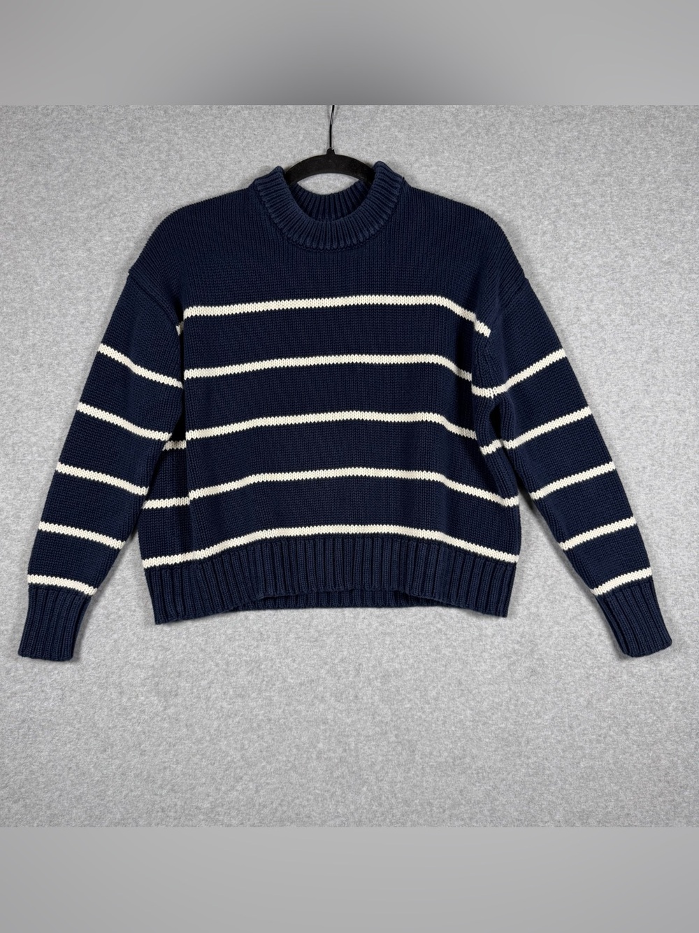 Quince Navy/White Striped 100% Organic Cotton Crew Knit Sweater Women XS